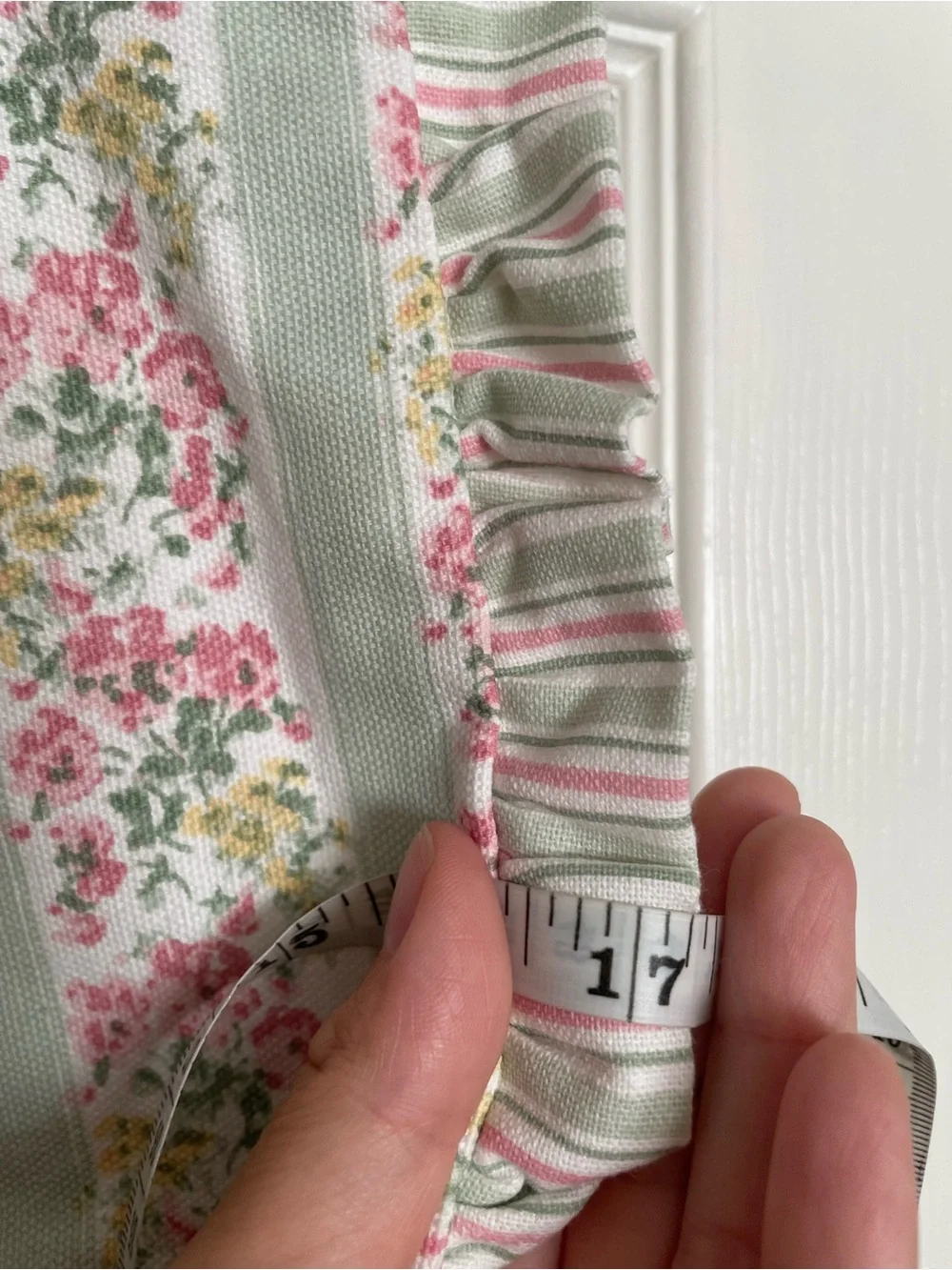 NWT Laura Ashley Mayhill Green Pink Floral w Sage Stripes Canvas Ruffle Tote Bag
